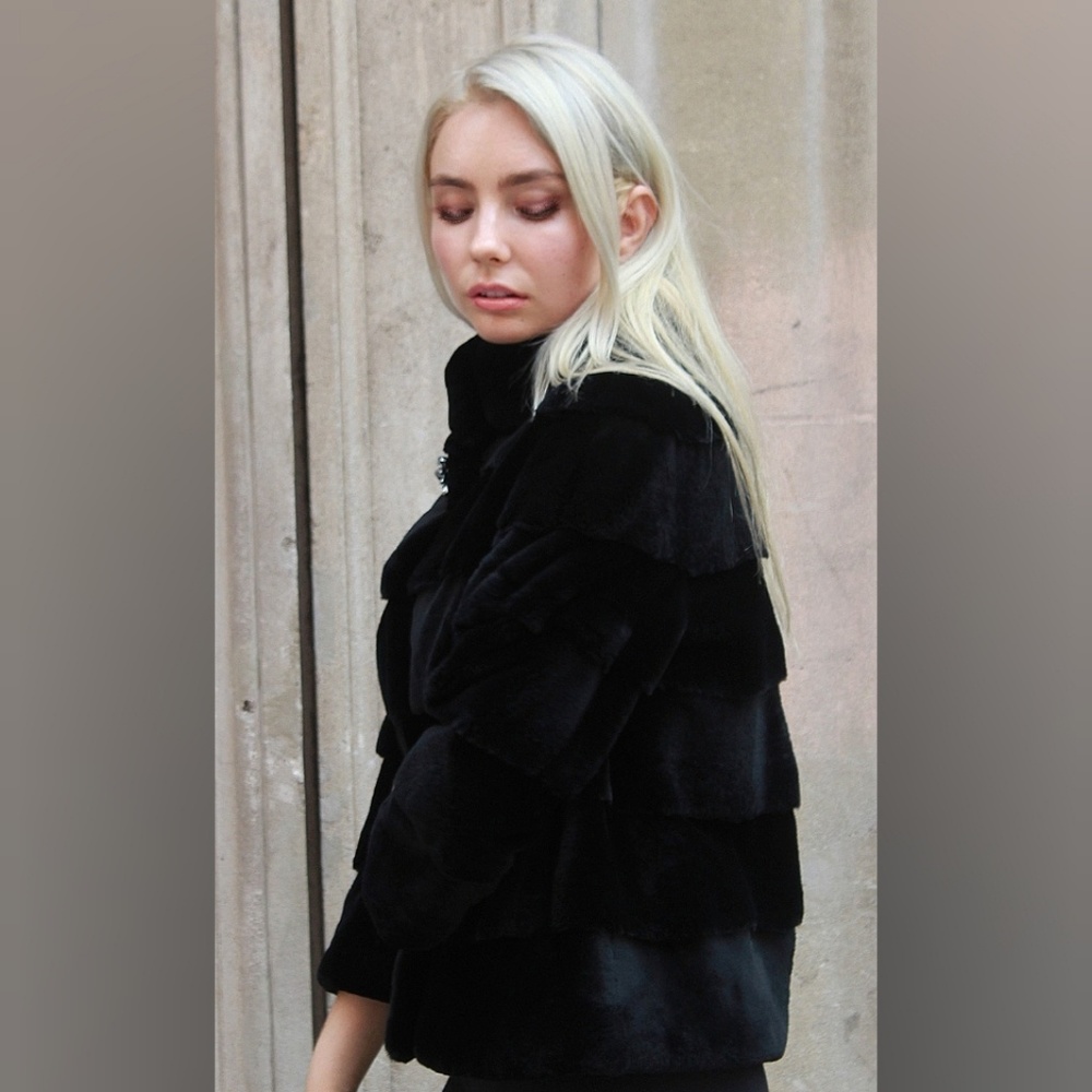 Black Sheared Rex Rabbit Fur Jacket - Picture 4 of 5